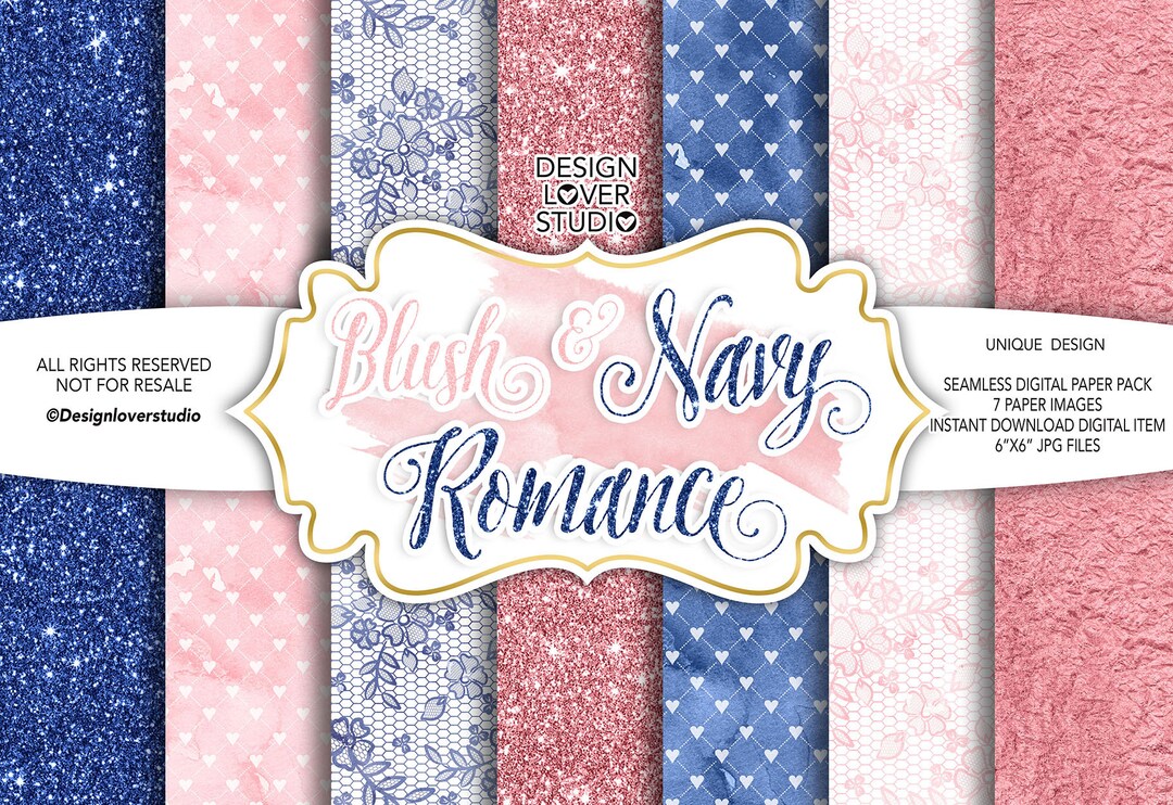 Watercolor BLUSH and NAVY Romance BASIC Digital Paper Pack, Spring ...