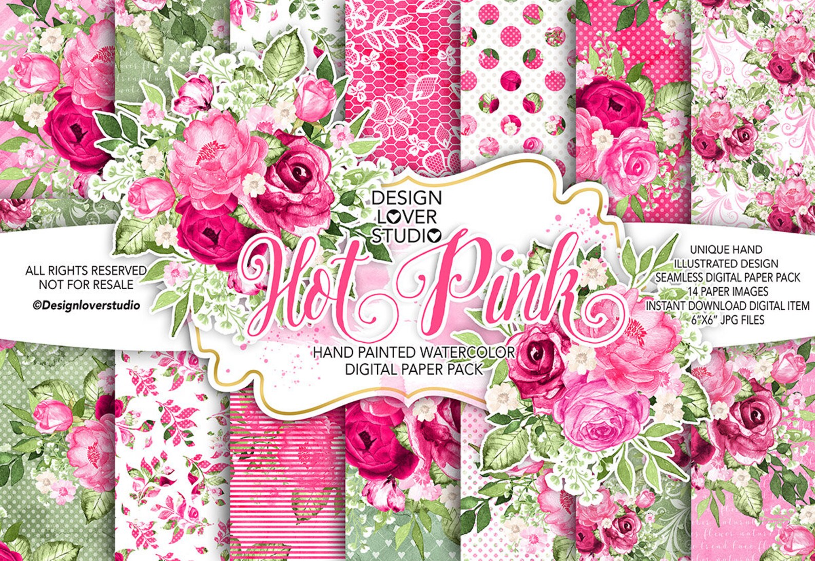 Watercolor HOT PINK digital paper pack flower peach image 1.