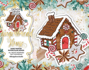 SIN IA, 100% pintado a mano, imágenes prediseñadas de diseño de casa de jengibre, flor navideña, dulces navideños, floral, casa navideña, purpurina dorada