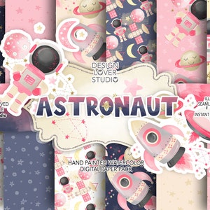 Acquerello Astronaut Space pacchetto di carta digitale, modello ragazza, asilo nido, piccolo uso commerciale, pianeti, luna, stelle
