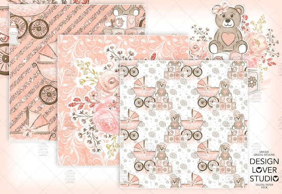 Baby Girl Digital Paper Pack, Baby Background, Cute Baby Bear