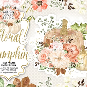Watercolor &quot;Floral Pumpkin&quot; clip arts,  Autumn Leaves, Fall, watercolor clip art, hand painted, leaves, watercolor clip art