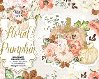 SIN IA, 100% pintado a mano, imágenes prediseñadas de acuarela "Calabaza floral" png, hojas de otoño, otoño, imágenes prediseñadas de acuarela, pintado a mano, hojas