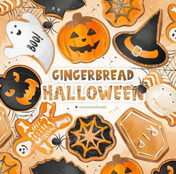 Gingerbread Halloween digital clipart, pumpkin, halloween, spider, RIP, pattern, halloween clipart, sweet halloween