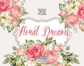 Aquarelle FLORAL DREAMS design, aquarelle printanière fleur, clipart floral doré, clip art de mariage, mariage, cadres,