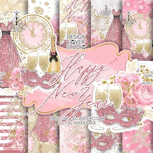 Happy New Year digital paper,  Champagne, Gold, New Year pattern, glitter, champagne, new year background