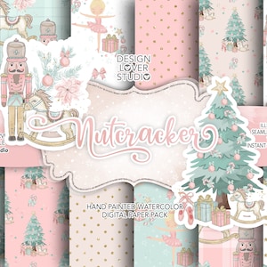 Cascanueces paquete de papel digital de Navidad, patrón de Navidad, lindo patrón de Navidad, imágenes prediseñadas de ballet, patrón de vacaciones, papel digital de árbol de navidad