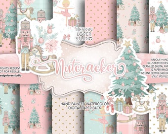 Nutcracker Christmas digital paper pack, Xmas pattern, Cute Christmas pattern, ballet clipart, Holiday pattern, christmas tree digital paper