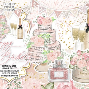 Happy Birthday design, spring, summer, watercolor flower, Floral Clipart, Rose Clip Art, perfume, frames, Peony