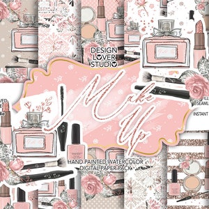 Make up digital paper pack, fashion pattern, rossetto, fiore acquerello, Clipart floreale, Sfondo rosa, profumo, Peonia, polvere