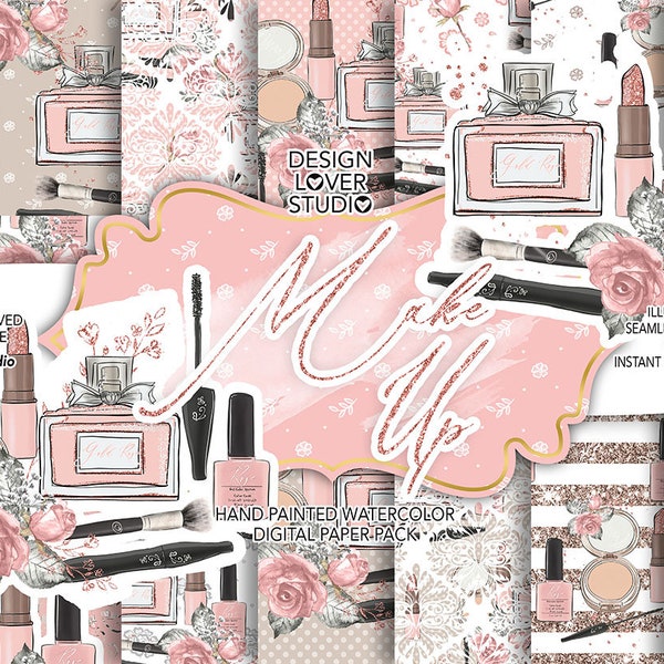 Maquillage papier numérique, motif mode, rouge à lèvres, fleur aquarelle, clipart floral, fond rose, parfum, pivoine, poudre