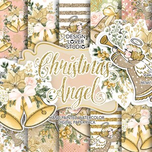 Christmas Angel design digital paper pack, christmas flower, christmas angel, floral, christmas tree, gold glitter, bell, holiday