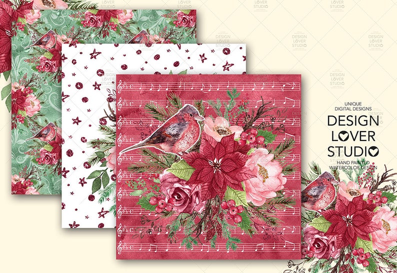 Watercolor Marsala Christmas hand painted digital papers, pine branches, christmas, watercolor flower, floral, christmas backgrounds image 2