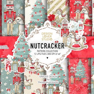 NO AI, 100% disegnato a mano, design Schiaccianoci, confezione di carta digitale rossa, fiore di Natale, regalo di Natale, floreale, albero di Natale, glitter oro