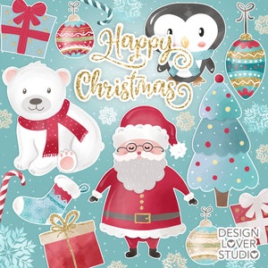 May include: A set of Christmas clip art featuring Santa Claus, a polar bear, a penguin, a Christmas tree, a stocking, a candy cane, and ornaments. The background is a light blue color with snowflakes.