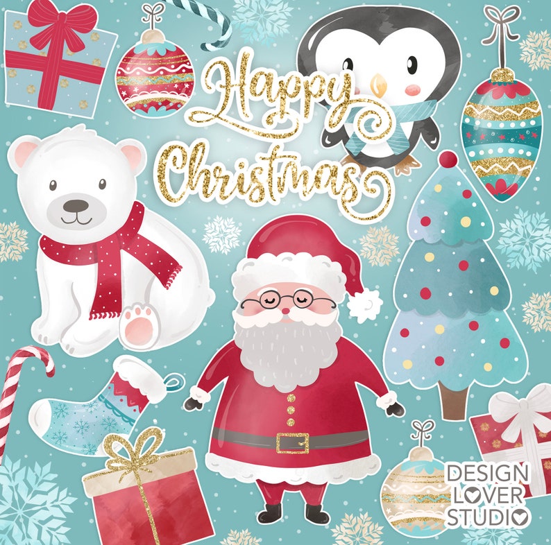 May include: A set of Christmas clip art featuring Santa Claus, a polar bear, a penguin, a Christmas tree, a stocking, a candy cane, and ornaments. The background is a light blue color with snowflakes.