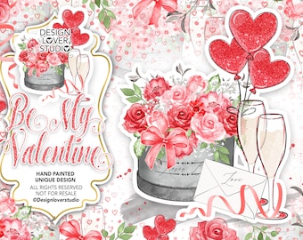 SIN IA, 100% pintado a mano, Sé mi San Valentín png, clipart, clipart romántico de acuarela, ramo, caja de rosas, rosas, lazo, carta, globo de corazones