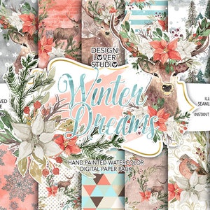 Winter Dreams Natale carte digitali dipinte a mano, rami di pino, natale, fiore ad acquerello, floreale, sfondi natalizi