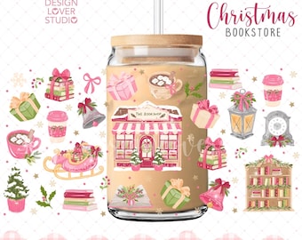 SIN IA, 100% dibujado a mano. Papel para vasos de librería navideña PNG, papel para latas de vidrio con libros navideños, Navidad para amantes de los libros, vacaciones de lectura.