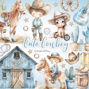 Aquarell niedlichen Cowboy Clipart, Baby Cowboy PNG Bündel, Wilder Westen Clipart, Baby Western Clipart, Wüste Clipart, Saloon, Kaktus PNG