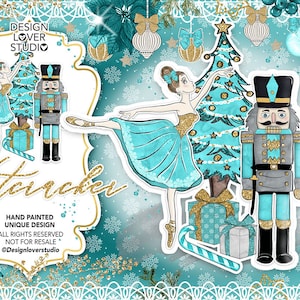 Nutcracker design clip arts, christmas flower, christmas gift, floral, christmas tree, gold glitter, ball, holiday