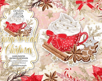 Gingerbread Cookies Christmas clip arts, pine branches, christmas, watercolor flower, floral, christmas tree, coffee