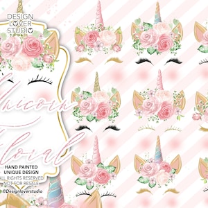 Unicorn Faces Floral Clipart, rainbow, pink and gold watercolor unicorn horn clip art, glitter unicorn graphics, baby shower, weddings