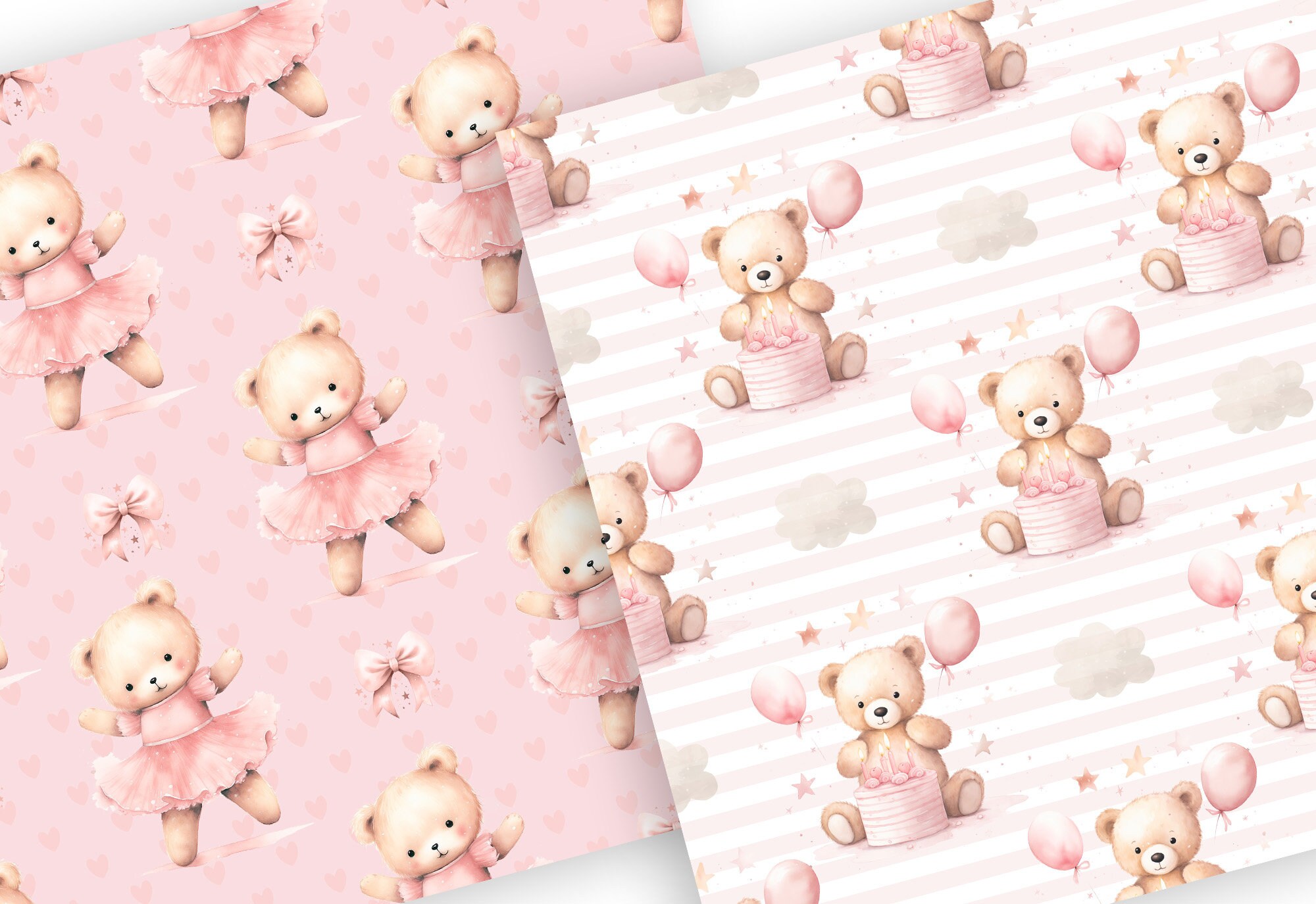Pink Blush Teddy Bear Digital Paper Pack, Sleepy Teddy Bears, Baby Bear ...