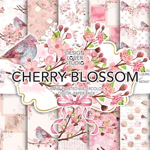 水彩 CHERRY BLOSSOM デジタル ペーパー パック、リボン、アジサイ、鳥、花束、葉のデジタル ペーパー、花柄、シームレス パターン