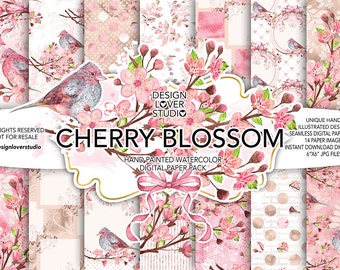 Watercolor CHERRY BLOSSOM digital paper pack, bow, hydrangea, bird, bouquets, leaves digital paper, Floral pattern, seamless pattern