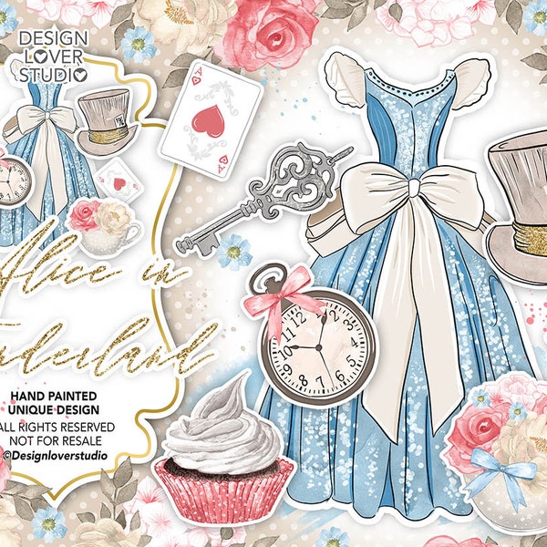 Alice in Wonderland design, spring  flower, Blush Floral Clipart, Alice dress, bouquet, bow, Alice Adventures