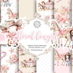 Cute Cowgirl digital paper pack, Pink Cowgirl pattern, Baby Girl Cow Girl, Paper Wild West Cowgirl, Cowgirl Western background Baby Shower