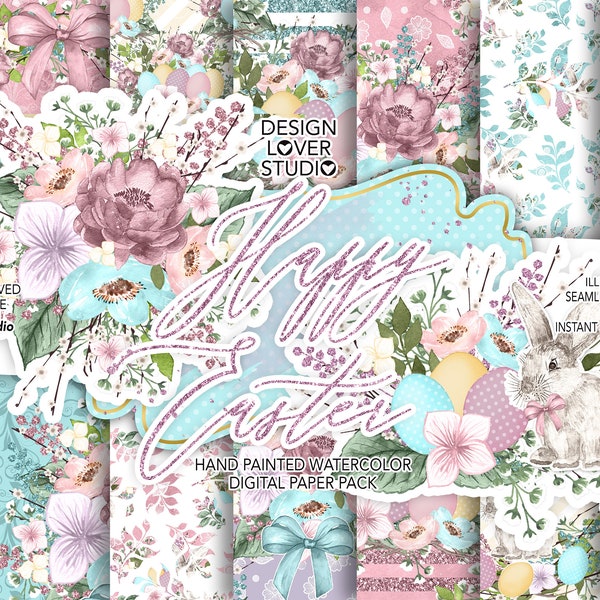 Happy easter Cute digital paper pack, spring watercolor flower, Floral pattern, Easter digital paper, seamless, glitter, easter egg