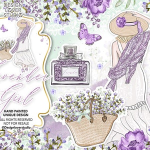 Lavender Girl design, spring, summer, watercolor flower, Floral Clipart, Lavender Clip Art, perfume, frames, Peony