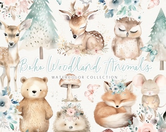 Clipart Woodland Boho, clipart mignon animaux des bois, bébés animaux, clipart Woodland baby shower, pépinière des bois, animaux de la forêt Boho