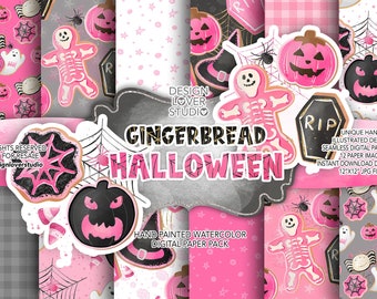 Sin IA, 100% dibujado a mano, paquete de papel digital de Halloween de pan de jengibre, calabaza, Halloween, araña, RIP, patrón, patrón de Halloween, Halloween