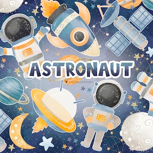 Aquarell Astronaut Weltraum Clipart, Jungen Clipart, Kinderzimmer, Kleine kommerzielle Nutzung, Planeten, Mond, Sterne