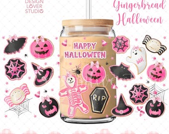SIN IA, Envoltorio de lata de vidrio de Halloween con diseño de pan de jengibre PNG, Fantasma de pan de jengibre, Halloween espeluznante, Fantasma de galleta, Bibliotecaria linda, Envoltorio de lata de vidrio imprimible
