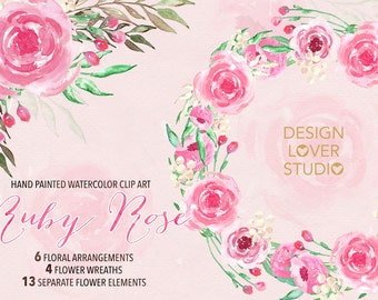 Aquarelle Ruby rose clipart, aquarelle fleur, Pink Floral Clipart, Leaf clipart, Wedding Clip Art, invitation de mariage