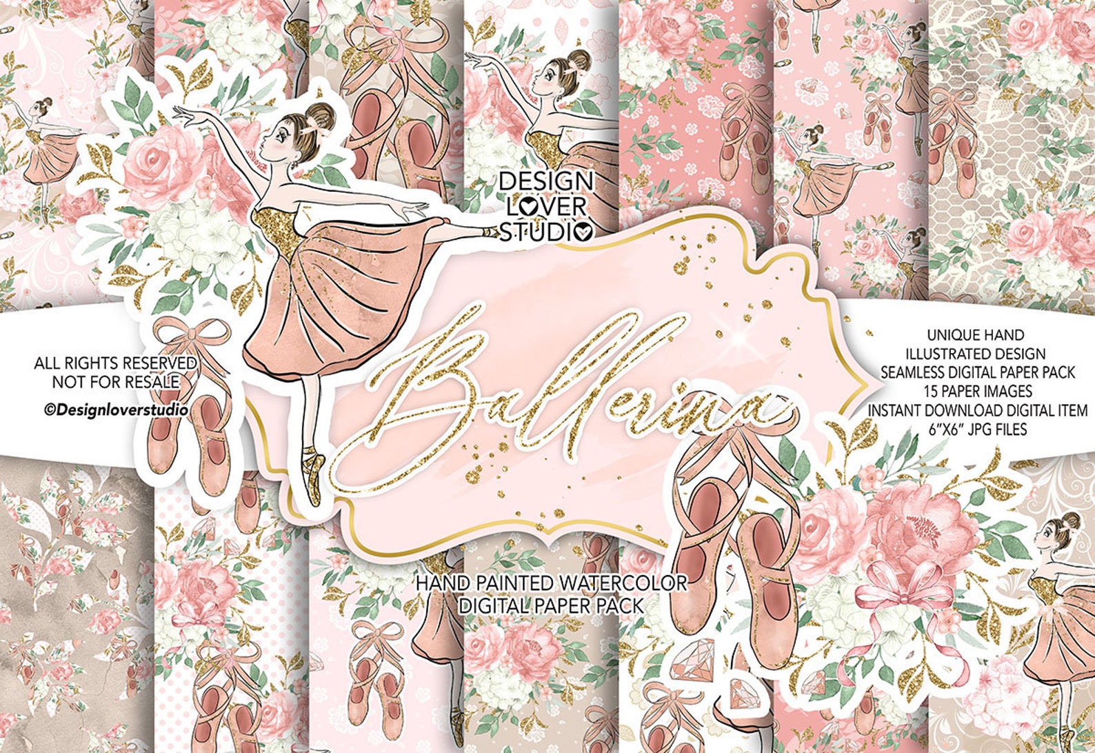 ballerina digital paper pack, spring, summer, watercolor flower, floral pattern, rose clip art, ballet, ballet shoes, peony