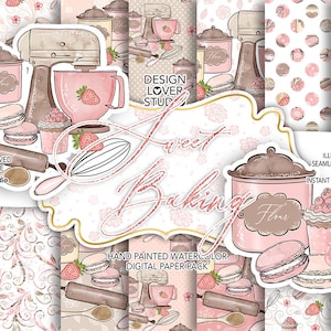 Sweet Baking digital paper, muffin, baking, strawberry pattern, macaron, sugar, flour, Kitchen background, Bakery pattern, Cooking