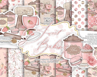 Sweet Baking digital paper, muffin, baking, strawberry pattern, macaron, sugar, flour, Kitchen background, Bakery pattern, Cooking