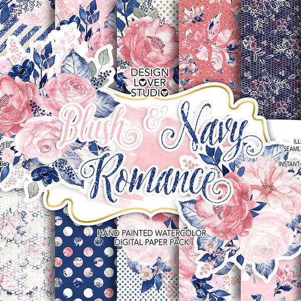 Watercolor BLUSH and NAVY ROMANCE digital paper pack, spring watercolor flower, Blush Floral background, Wedding pattern, wedding, frames,