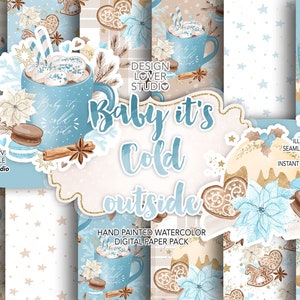 Baby it's cold outside digital paper pack, Xmas Clipart, Cute Christmas pattern, Hot chocolate paper, Holiday pattern, marshmallow