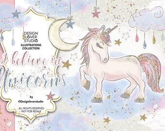 I believe in Unicorns design, Unicorn Clipart, Cute Baby Unicorns Clip Art, Sleeping Baby Clipart, Pastel Clipart, Children Clipart