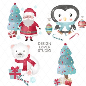 May include: A set of watercolor Christmas illustrations featuring Santa Claus, a penguin, a polar bear, and two Christmas trees. The illustrations are perfect for creating holiday cards, invitations, or other festive projects.