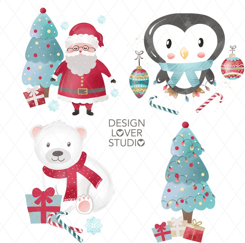 May include: A set of watercolor Christmas illustrations featuring Santa Claus, a penguin, a polar bear, and two Christmas trees. The illustrations are perfect for creating holiday cards, invitations, or other festive projects.