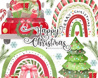 SIN IA, 100% dibujado a mano, imágenes prediseñadas digitales PNG de coches con arcoíris navideños, imágenes prediseñadas de Navidad, lindo patrón navideño, patrón de arcoíris, papel navideño