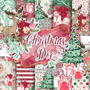 Christmas Doe design digital paper, christmas candy, christmas tree, floral, christmas tree, doe, gift, holiday, pattern
