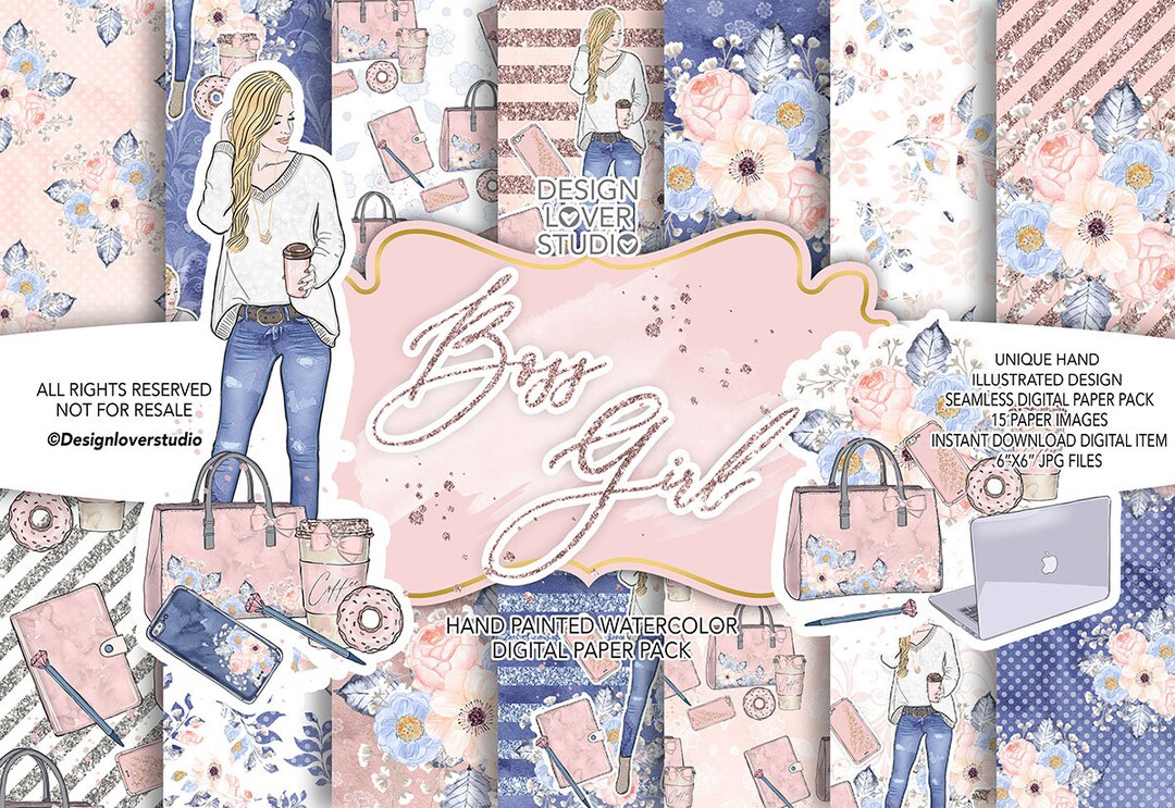 Boss Girl Digital Paper Pack, Watercolor Flower, Blush Floral Pattern ...